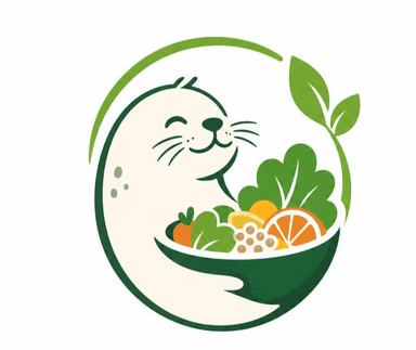 Mascote: uma foca abraçando uma tigela de salada